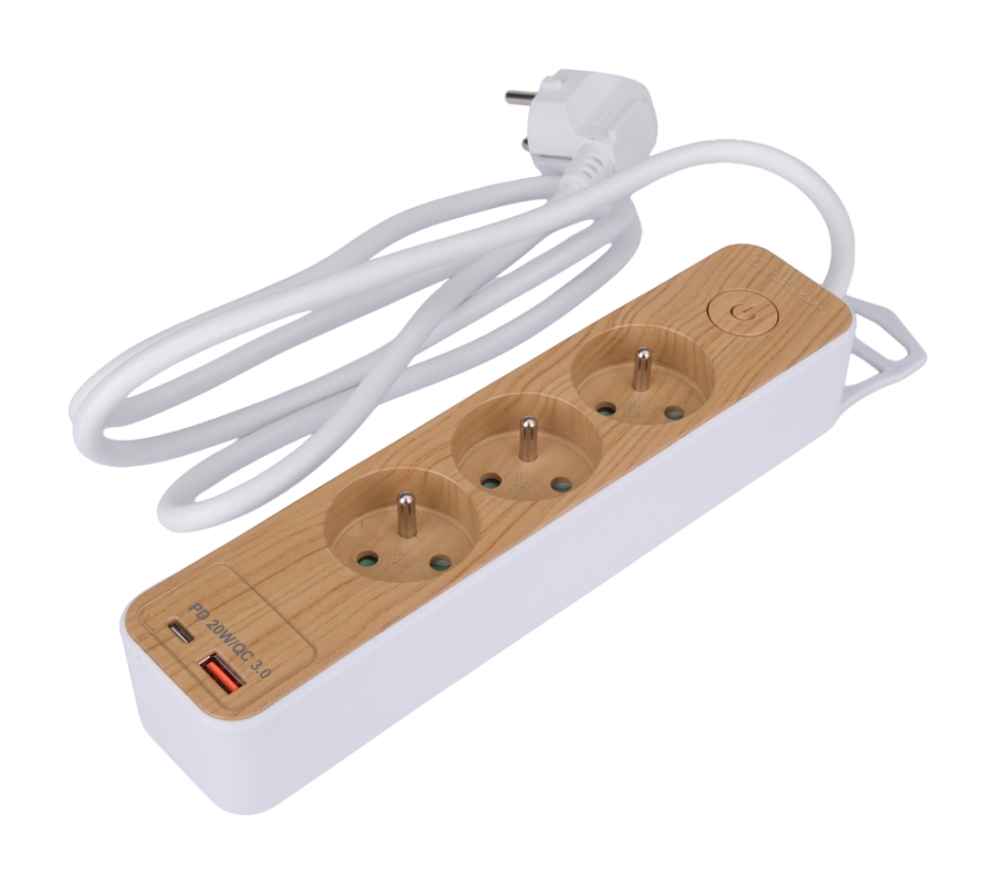 Maitinimo laidas/ilgintuvas su įžeminimu (medžio imitacija) | 3 lizdai + USB | 1,0 mm2 | 1.4 m (72343)