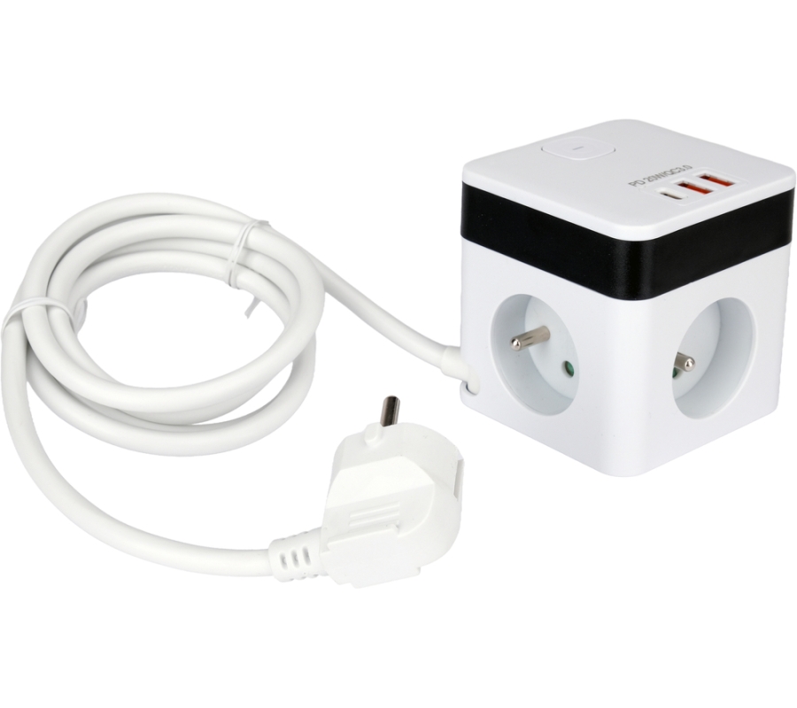 Maitinimo laidas/ilgintuvas su įžeminimu kubo formos | 5 lizdai + USB | 1,0 mm2 | 1.4 m (72480)