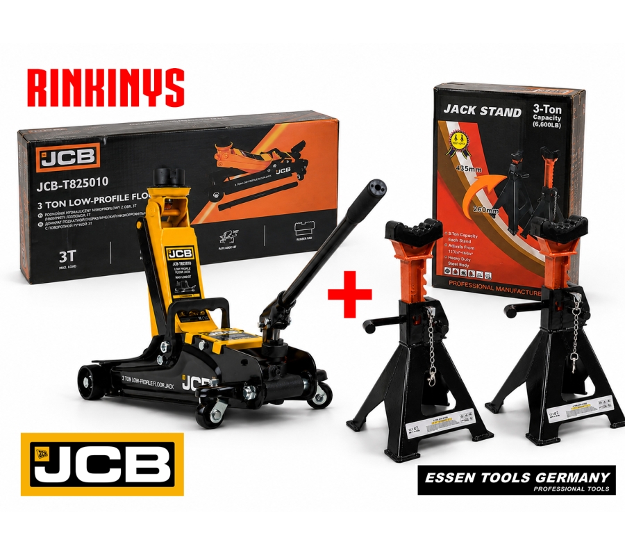 Rinkinys: Domkratas pažemintas JCB 3T su pasukama rankena + Atramos 3T, 2vnt. (T825010+JCB)