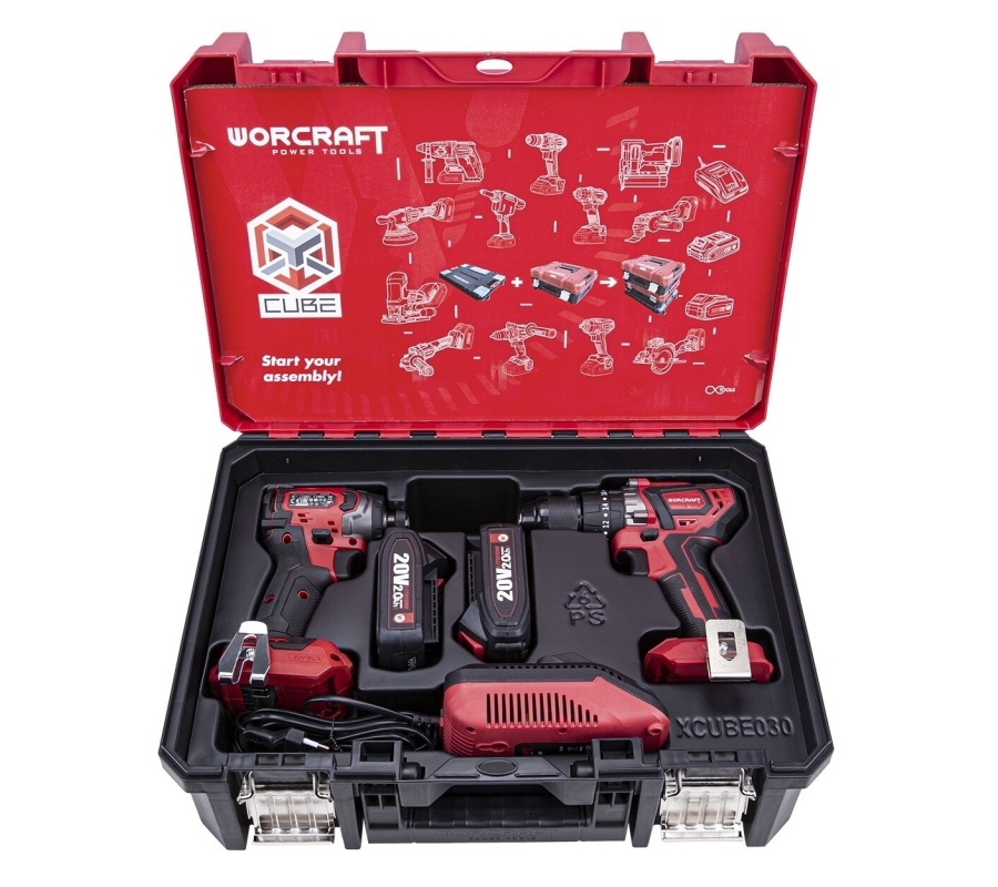 Akumuliatorinio suktuvo-gręžtuvo ir smūginio suktuvo WORCRAFT rinkinys 20V LI-ION (XCUBE dėžė) (XCUBE030)