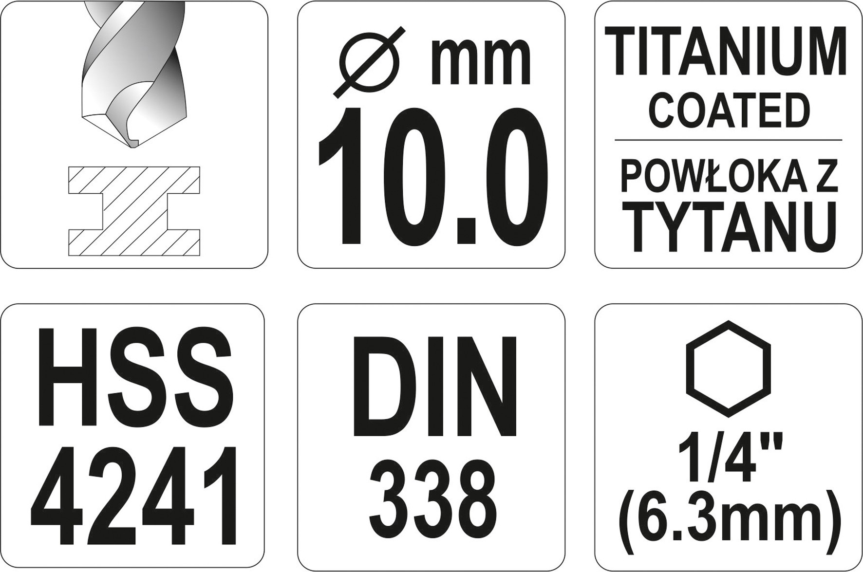 Сверло по мет HSS-TiN 10,0мм с хвост HEX (YT-44772)