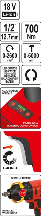 Akumuliatorinis smūginis veržliaraktis | 12,5 mm (1/2") | 700 Nm | be baterijos (YT-828061)