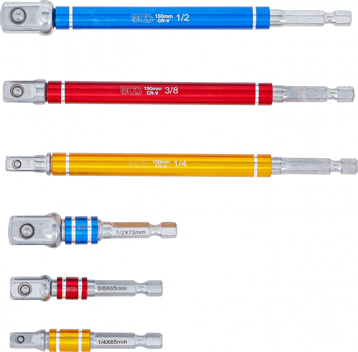 Adapterių rinkinys | spalvoti | 6.3 mm (1/4") | 6.3 mm (1/4") / 10 mm (3/8") / 12,5 mm (1/2") | 75 - 150 mm | 6 vnt. (74424)