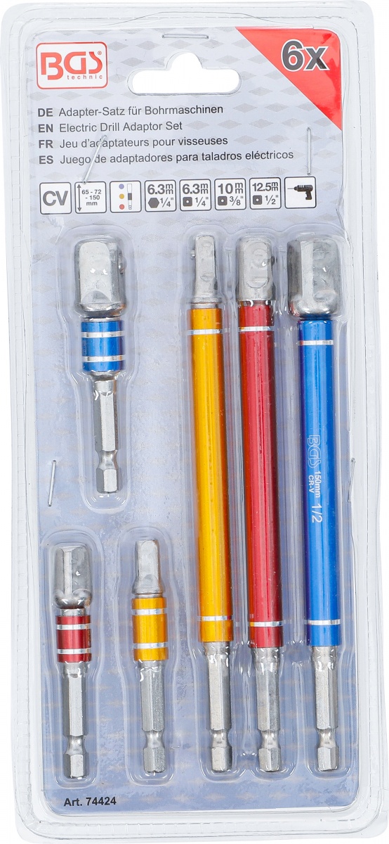 Adapterių rinkinys | spalvoti | 6.3 mm (1/4") | 6.3 mm (1/4") / 10 mm (3/8") / 12,5 mm (1/2") | 75 - 150 mm | 6 vnt. (74424)