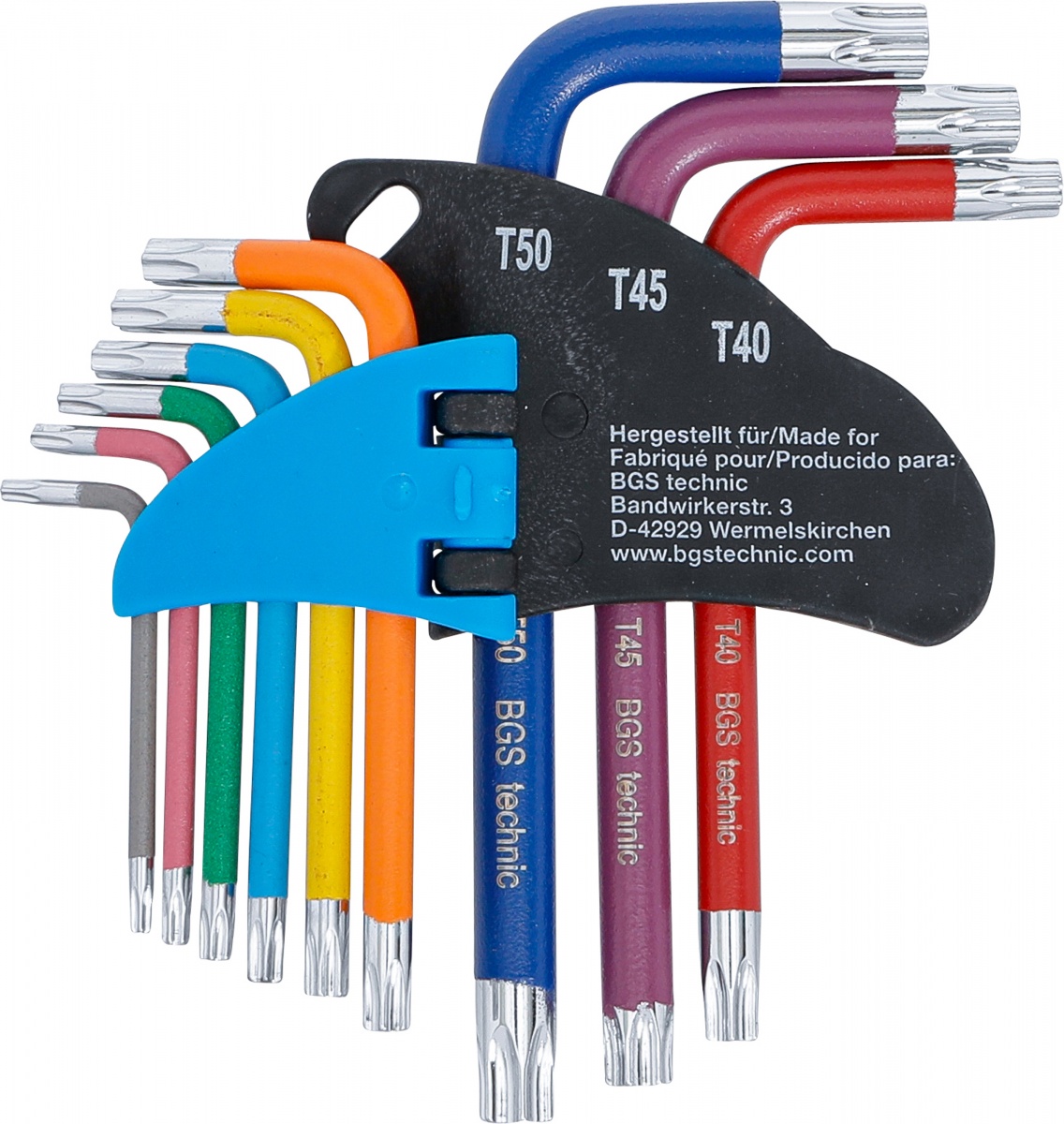 L tipo raktų rinkinys | spalvoti | trumpi | T-Star su skylutėm (Torx) T10 - T50 | 9 vnt. (74460B)