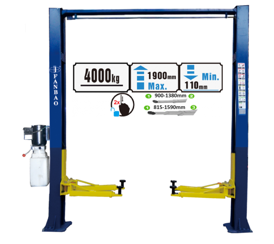 Hidraulinis dviejų kolonų keltuvas su mechaniniais saugumo fiksatoriais 4t 380V, (3 pakopų letenos) (QJY40D1380V)