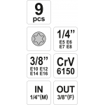 Galvučių rinkinys E-Tipas | 6.3 mm (1/4") / 10 mm (3/8") | E5 - E16 | 9 vnt. (YT-0520)