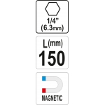 Antgalių laikiklis magnetinis ilgas | 6,3 mm (1/4") | 150 mm (YT-04681)