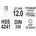METAL DRILL WITH HEX SHANK 12,0MM TITAN (YT-44774)