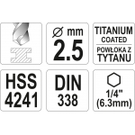 Grąžtas metalui su Hex 6.3 mm (1/4") galu HSS-TiN | 2.5 mm (YT-44752)