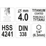 Grąžtas metalui su Hex 6.3 mm (1/4") galu HSS-TiN | 4.0 mm (YT-44757)