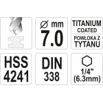 Сверло по мет. HSS-TiN 7,0мм с хвост HEX (YT-44766)