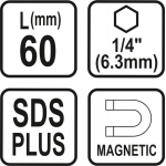 Antgalių laikiklis SDS | vidinis šešiakampis 6,3 mm (1/4") | 60 mm (23460)
