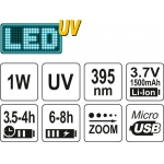 UV žibintuvėlis akumuliatorinis | LI-ION 3.7V | 1500 mAh + akiniai (YT-08587)