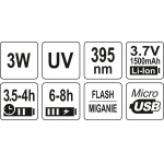 UV žibintuvėlis akumuliatorinis | LI-ION 3.7V | 1500 mAh + akiniai (YT-08588)