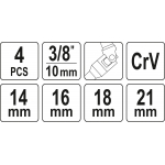 Šarnyrinių galvučių rinkinys žvakėms | 10 mm (3/8") | 14/16/18/21 mm | 4 vnt. (YT-38520)