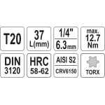 Головка торцевая с вставкой TORX 1/4" T20 L37мм (YT-04304)