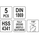 Grąžtų metalui rinkinys | ilgas tipas | HSS | 3 - 8 mm | 5 vnt. (YT-39820)