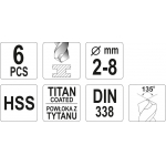TWIST DRILL BIT SET HSS-TiN 6PCS 2-8MM (YT-44673)